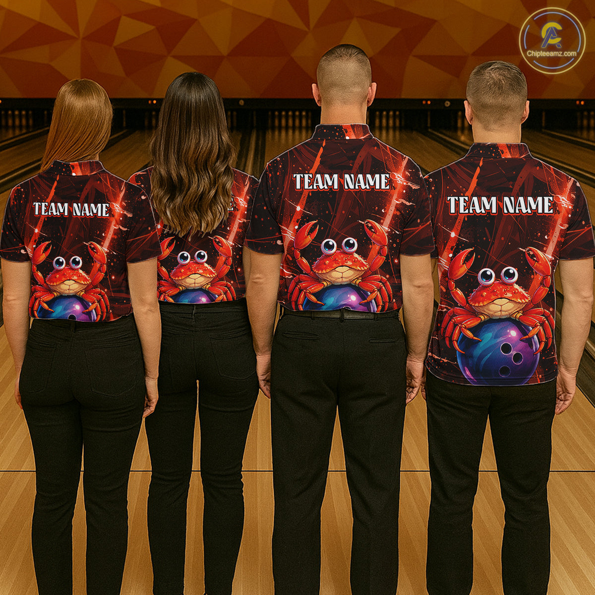 Four people wearing bowling shirts with a red crab design on a bowling alley.