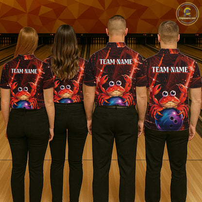 Four people wearing bowling shirts with a red crab design on a bowling alley.