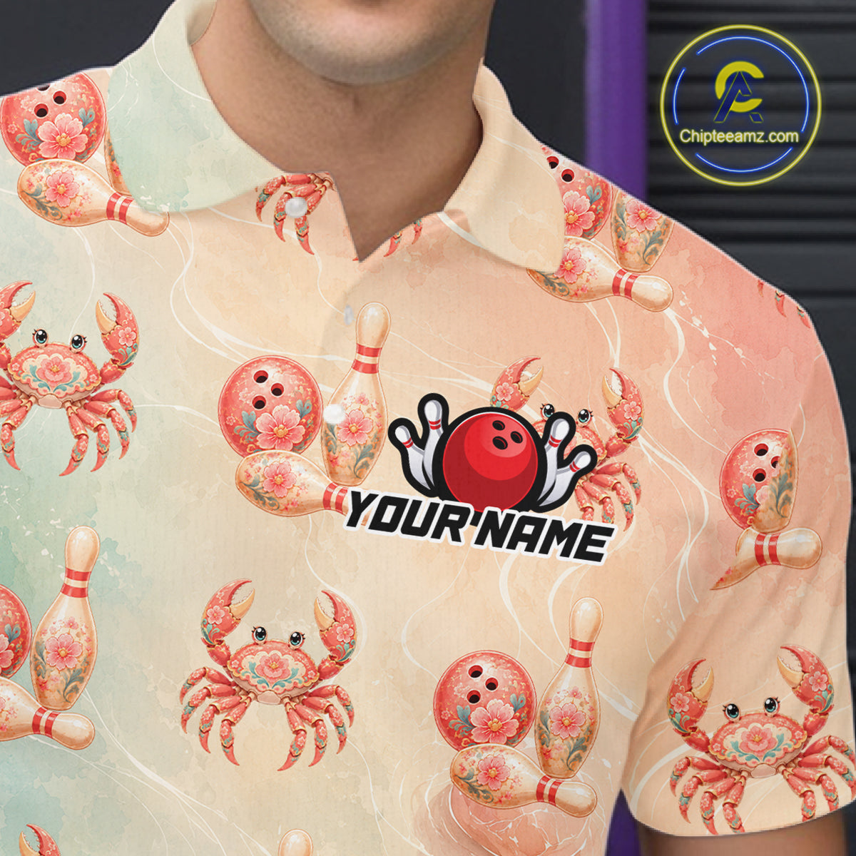 Shirt with crab and bowling design, featuring a logo and 'Your Name' text.
