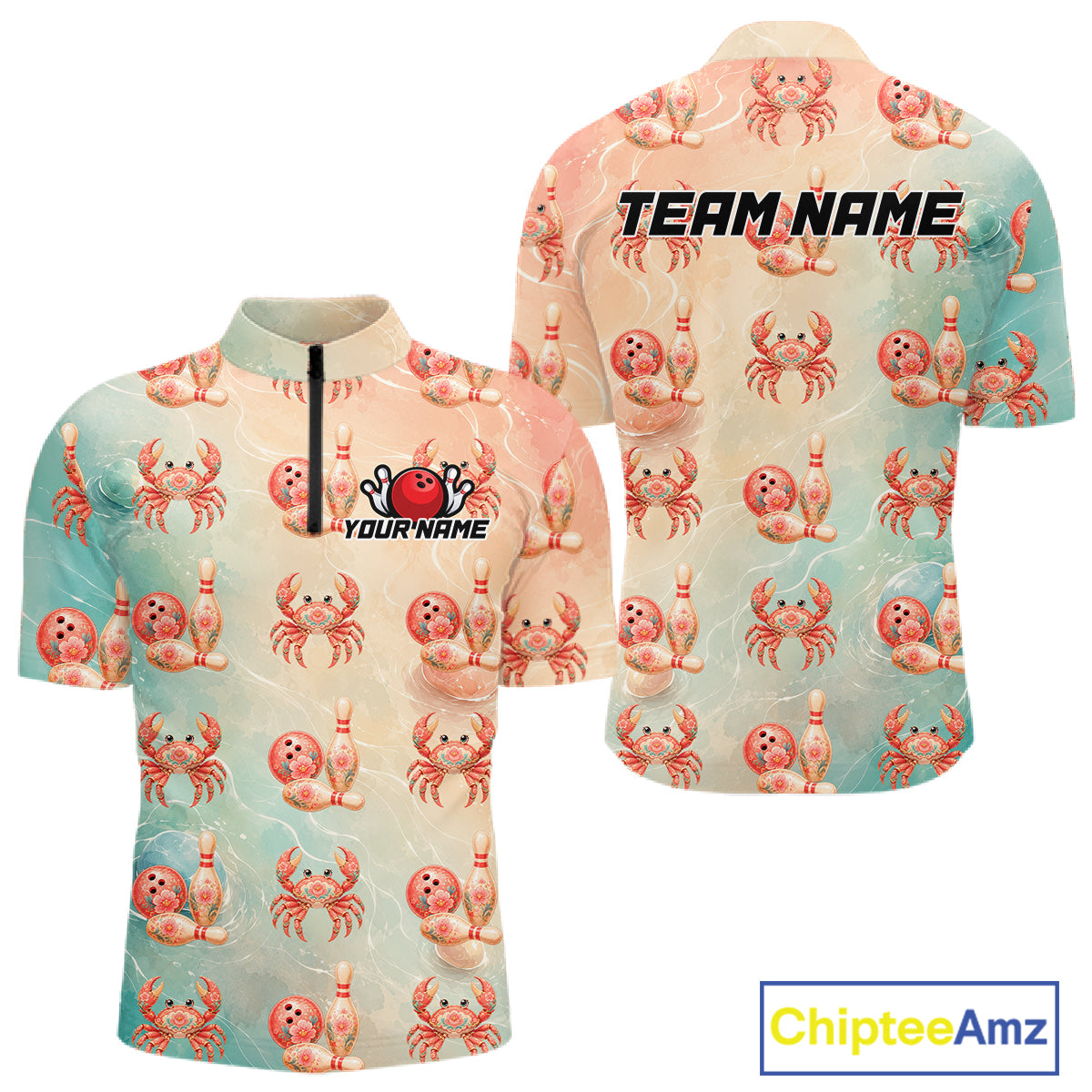 Shirt with crab pattern and customizable text on a white background