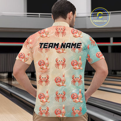 Man wearing a colorful shirt with crab pattern in a bowling alley