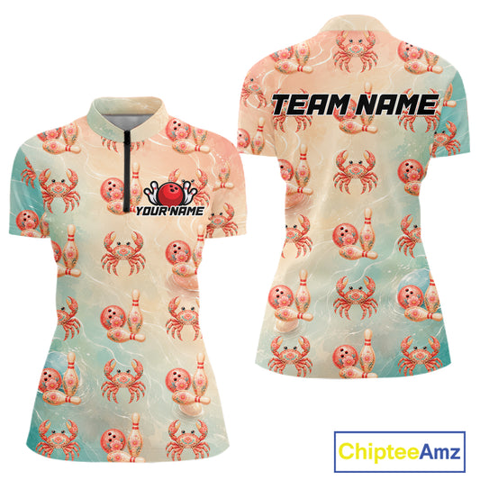 Short-sleeve shirt with crab pattern and customizable text on a white background