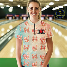 Load image into Gallery viewer, Woman wearing a colorful bowling shirt with crab patterns in a bowling alley.