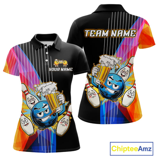 Colorful bowling-themed polo shirt with cartoon characters and 'Team Name' text on a white background.