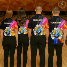 Load image into Gallery viewer, Four people wearing matching colorful bowling shirts with team name on a bowling alley.