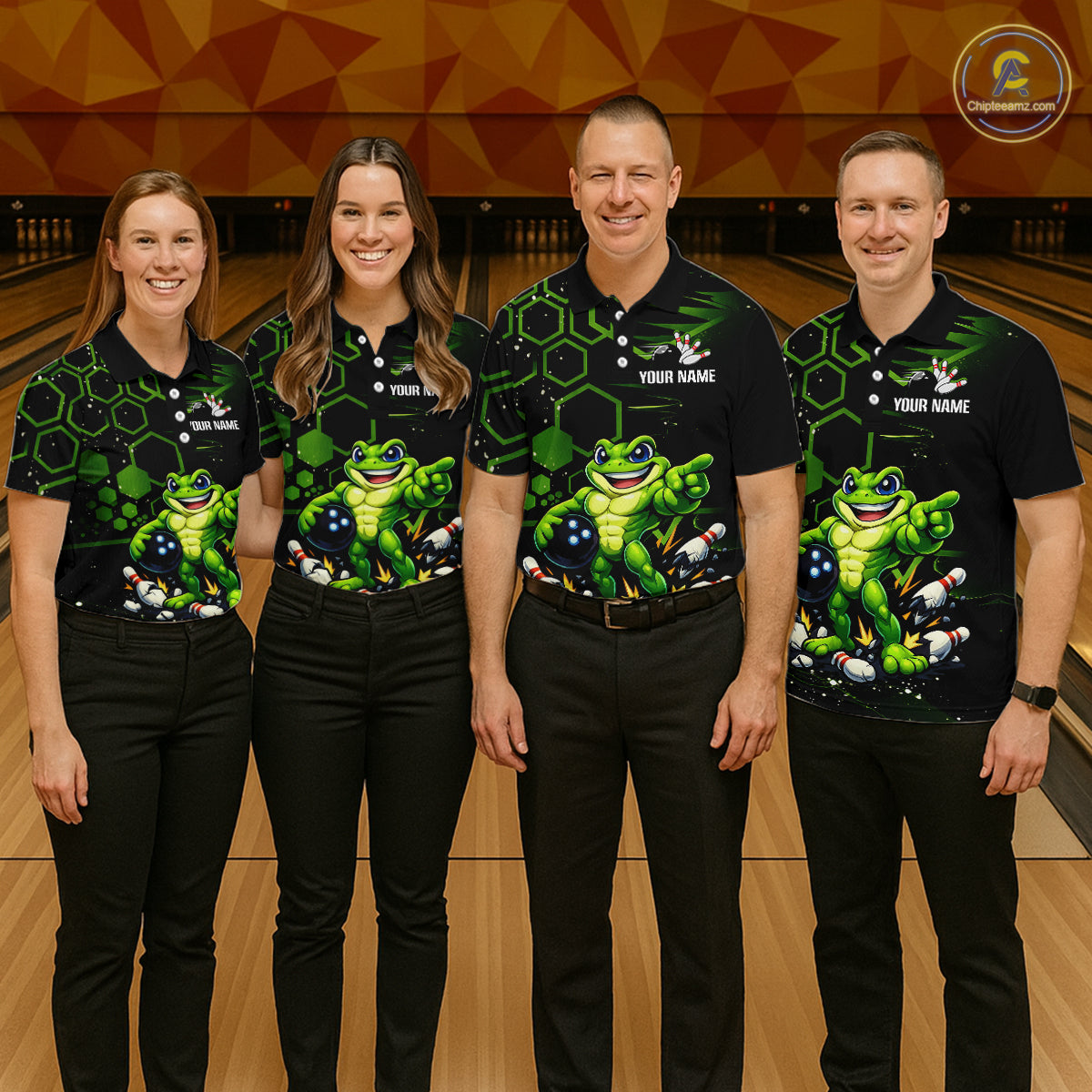 Custom Funny Green Frog Bowling Team Jersey Ugly Bowling Shirt for Women Polo & 1/4-Zip QZT844