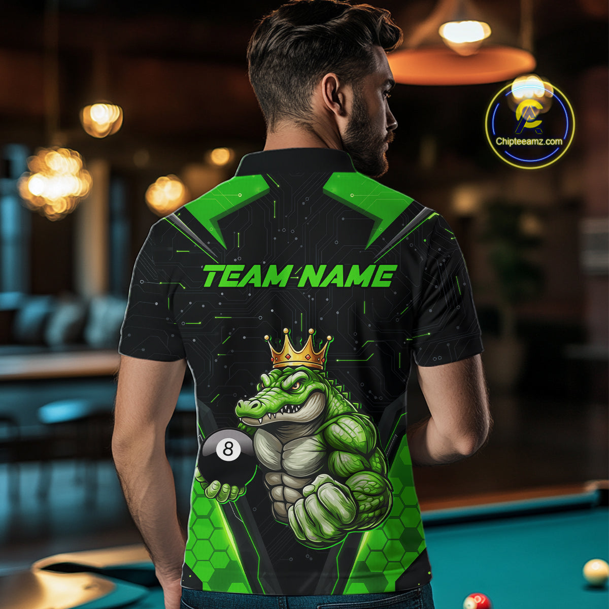 Funny Green Crocodile Billiard Team Shirt for Men Custom 8 Ball Pool Billiard Jersey Polo & 1/4-Zip BHT18
