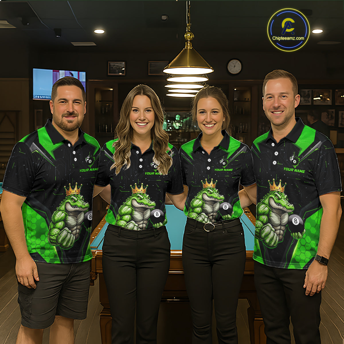 Funny Green Crocodile Billiard Team Shirt for Women Custom 8 Ball Pool Billiard Jersey Polo & 1/4-Zip BHT18
