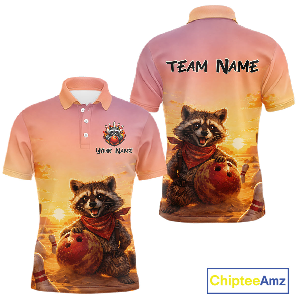 Custom Sunset Raccoon Bowling Team Shirt for Men Bowling Jesey Polo & Quarter-Zip Bowling Outfit QZT977