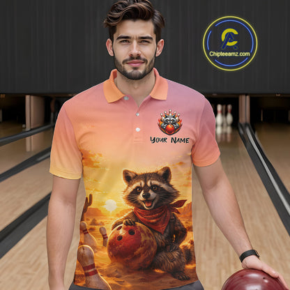Custom Sunset Raccoon Bowling Team Shirt for Men Bowling Jesey Polo & Quarter-Zip Bowling Outfit QZT977