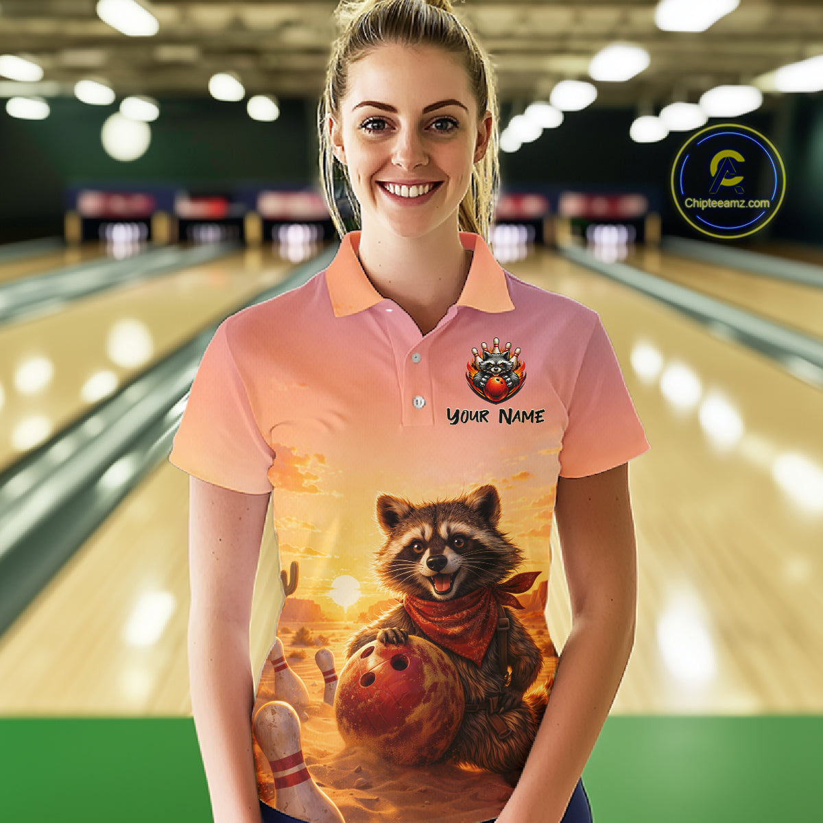 Custom Sunset Raccoon Bowling Team Shirt for Women Bowling Jesey Polo & Quarter-Zip QZT977
