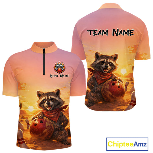 Custom Sunset Raccoon Bowling Team Shirt for Men Bowling Jesey Polo & Quarter-Zip Bowling Outfit QZT977