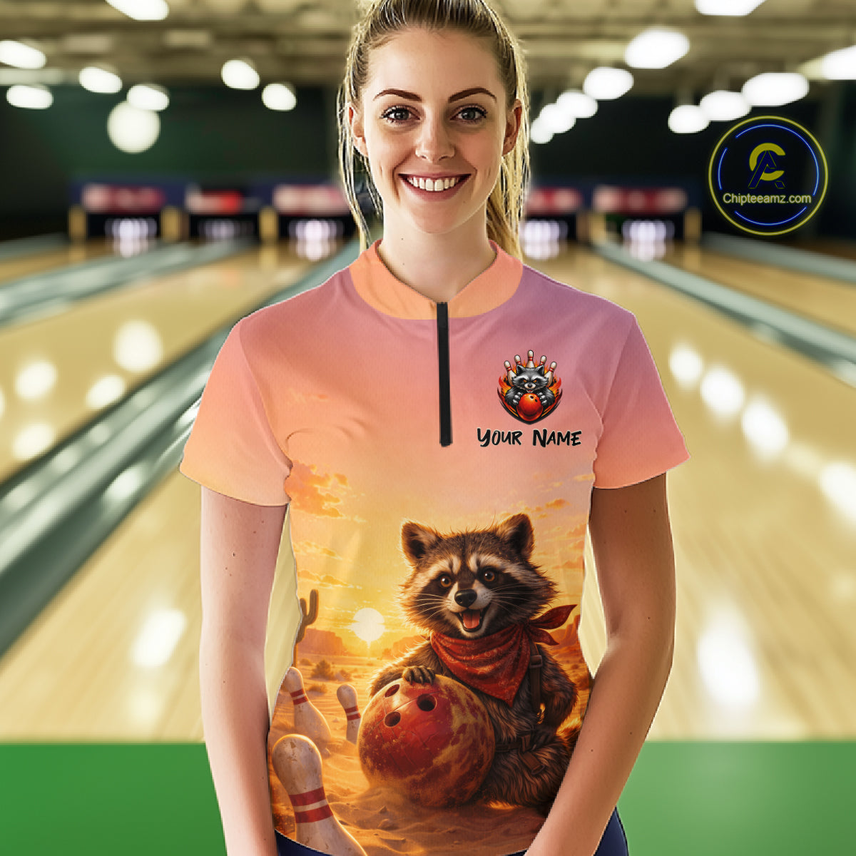 Custom Sunset Raccoon Bowling Team Shirt for Women Bowling Jesey Polo & Quarter-Zip QZT977