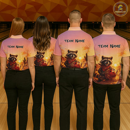 Custom Sunset Raccoon Bowling Team Shirt for Men Bowling Jesey Polo & Quarter-Zip Bowling Outfit QZT977