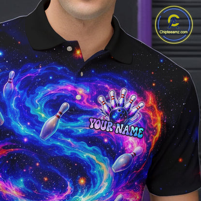 Black polo shirt with a colorful bowling-themed design and 'Your Name' text.