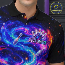 Load image into Gallery viewer, Black polo shirt with a colorful bowling-themed design and 'Your Name' text.