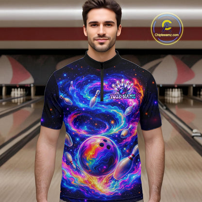 Man wearing a colorful bowling-themed shirt with a bowling alley in the background
