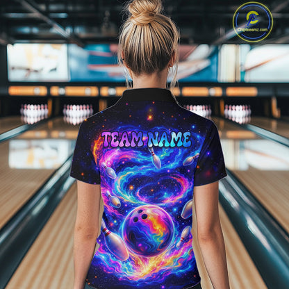Person wearing a colorful bowling shirt with 'TEAM NAME' text in a bowling alley.