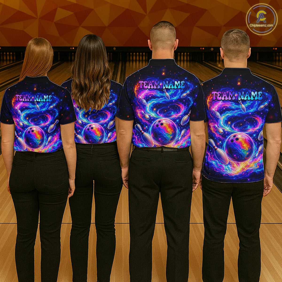 Four people wearing bowling shirts with colorful designs on a bowling alley.