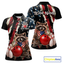 Load image into Gallery viewer, Custom American Flag Raccoon Bowling Shirts for Women Patriotic Bowling League Jersey Outfit QZT1128