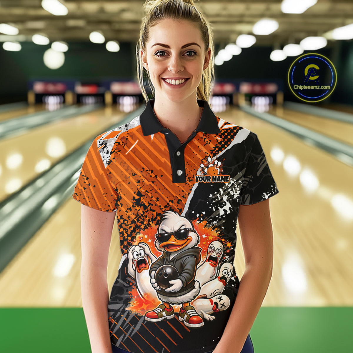 Custom Orange Funny Duck Bowling Team Shirt for Women Bowling League Jersey Polo & Quarter-Zip QZT895