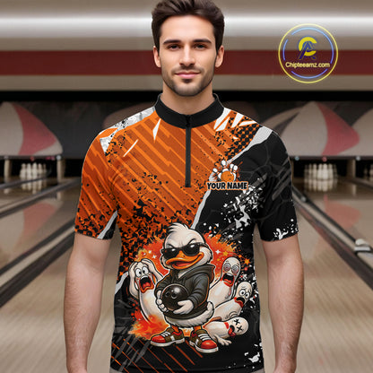 Custom Orange Funny Duck Bowling Team Shirt for Men Bowling League Jersey Polo & Quarter-Zip QZT895