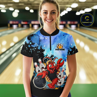 Custom Funny Crawfish Bowling Team Jersey for Women Bowling Shirt Polo & 1/4 Zip QZT1015