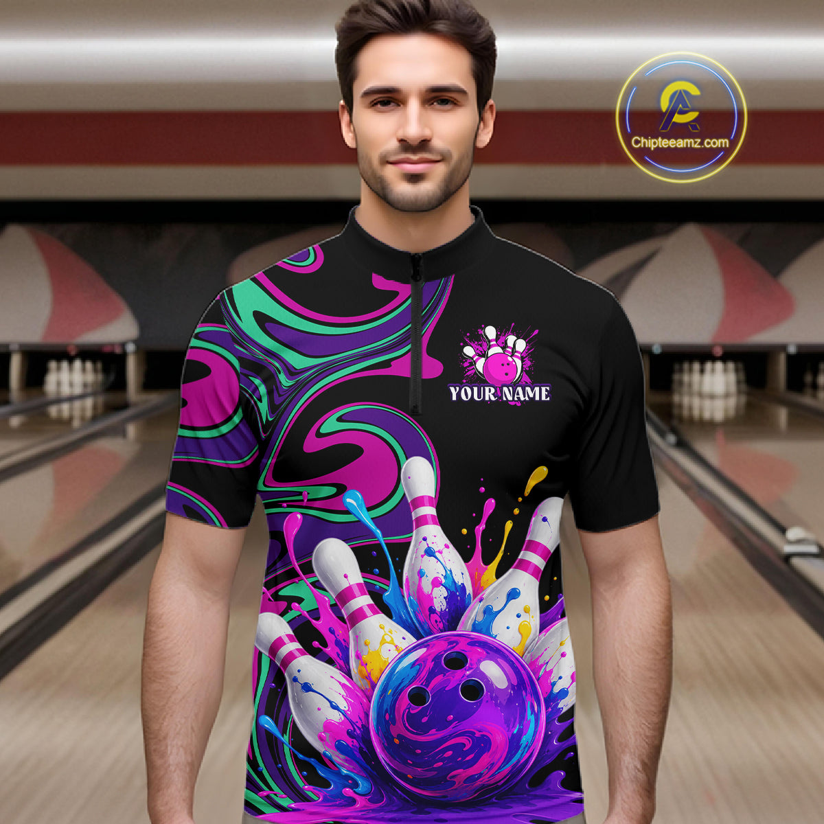 Man wearing a colorful bowling-themed shirt with a personalized design in a bowling alley.