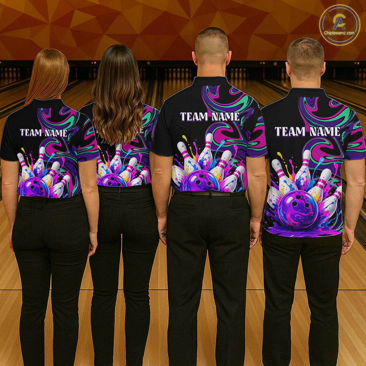 Four people wearing bowling-themed shirts with 'TEAM NAME' text at a bowling alley.