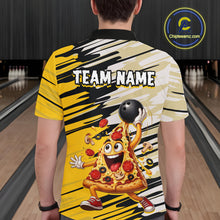 Load image into Gallery viewer, Person wearing a bowling-themed shirt with a cartoon pizza character and 'Team Name' text in a bowling alley.