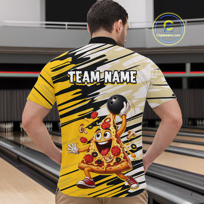 Person wearing a yellow and black bowling-themed shirt with cartoon pizza character in a bowling alley.