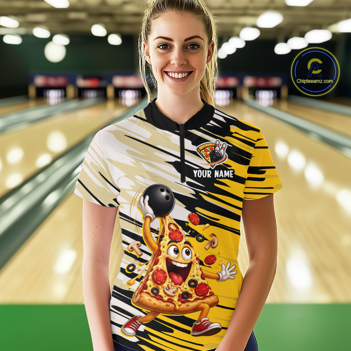 Person wearing a colorful bowling shirt with a pizza design in a bowling alley.