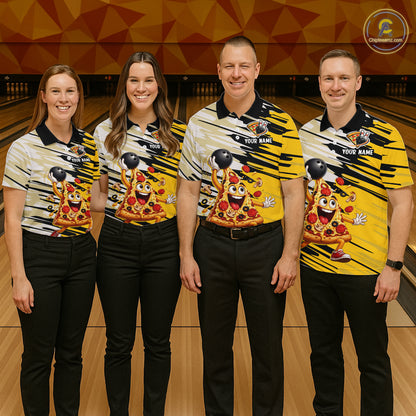 Four people wearing matching bowling shirts with a pizza design on a bowling alley.