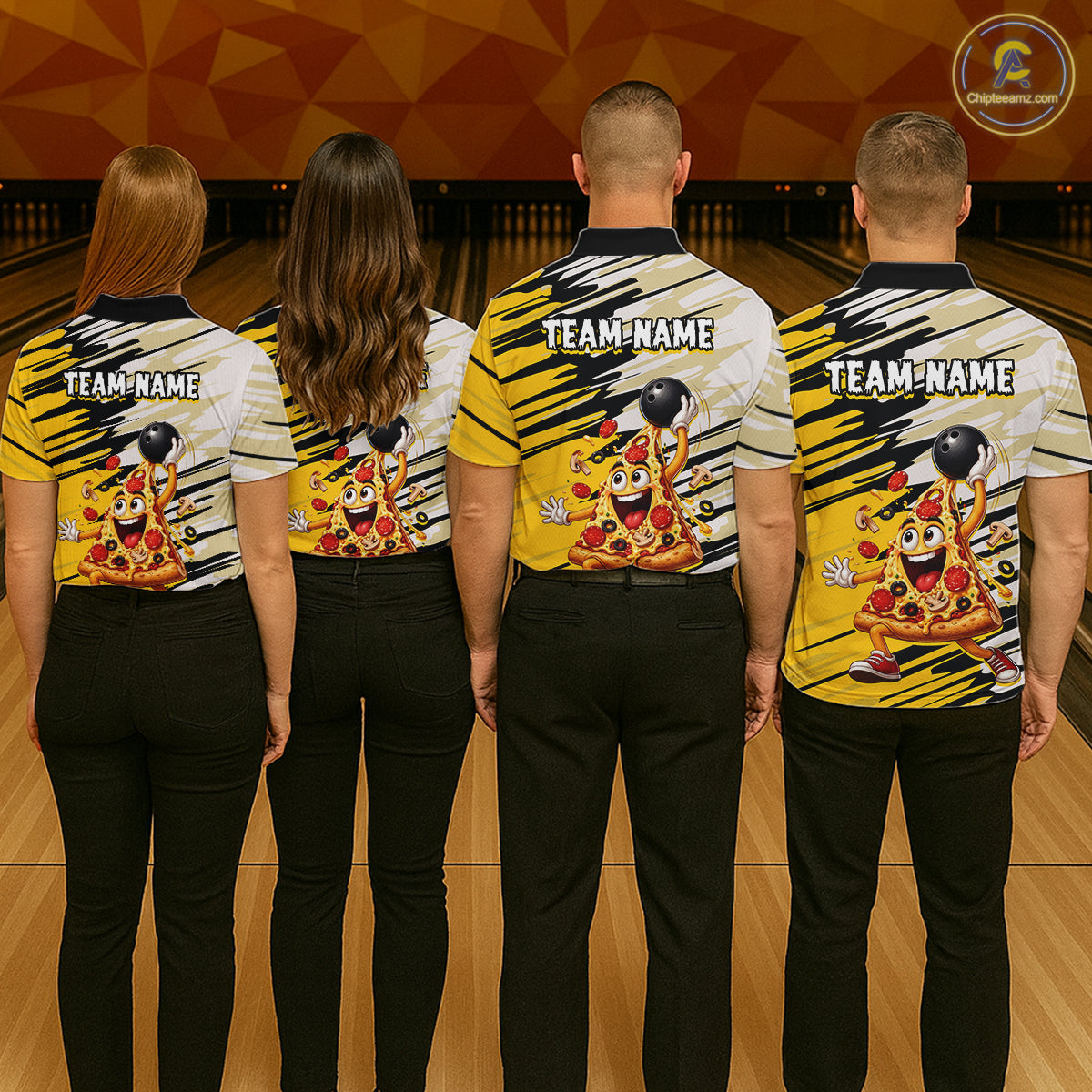 Four people wearing matching bowling shirts with cartoon characters and 'Team Name' text on a bowling alley background.