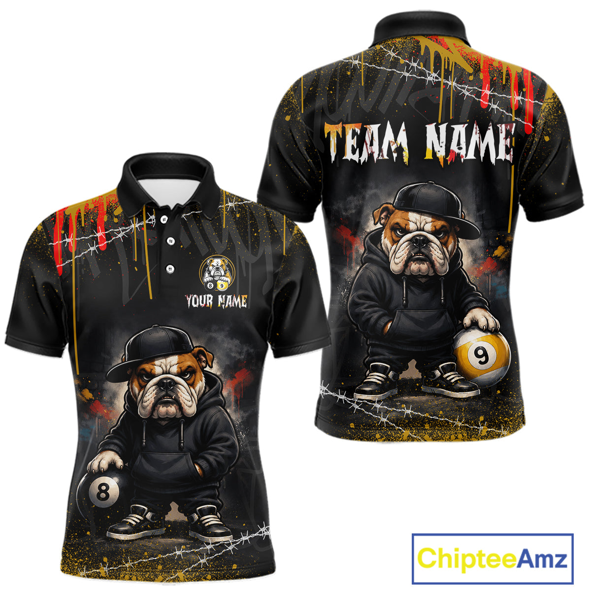 Front and back views of a custom black polo shirt featuring a cartoon bulldog in a black hoodie and hat holding pool balls, with 'YOUR NAME' and 'TEAM NAME' text on a white background.