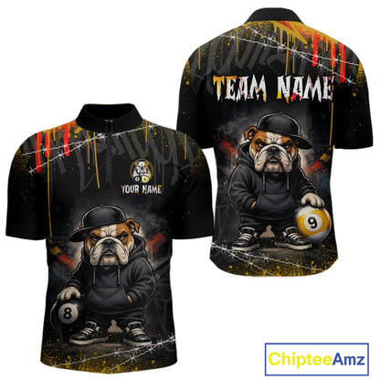 Custom short-sleeve polo shirt shown from both front and back views. The shirt features a black base with a detailed graphic of an bulldog dressed in a black hoodie and hat, holding pool balls, with yellow, red, and white paint splatters and barbed wire graphics.
