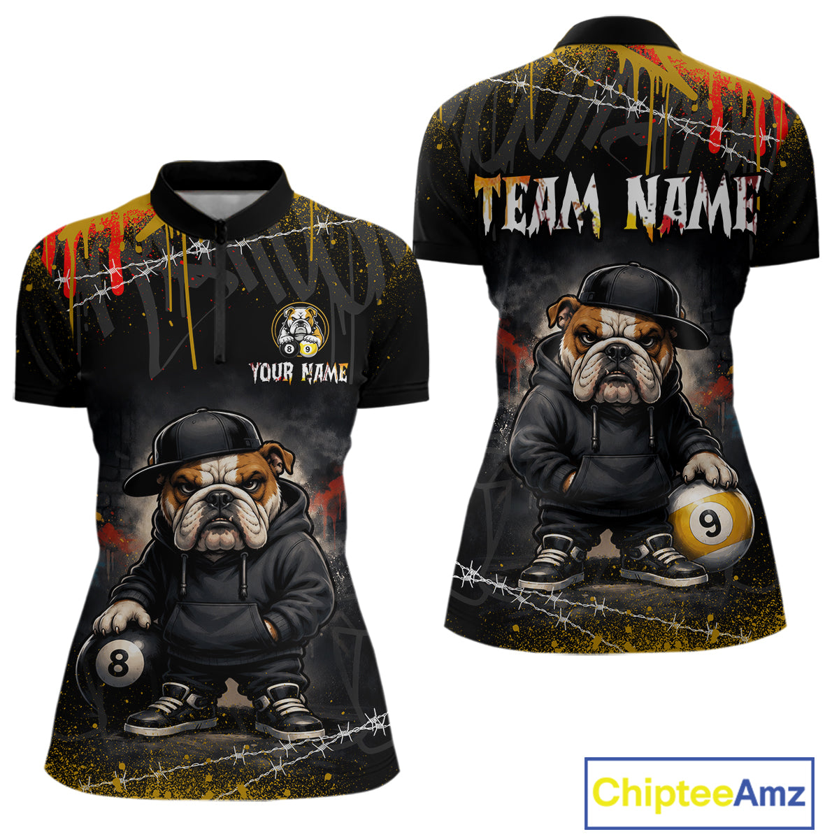 Front and back views of a women's short-sleeve quarter-zip shirt with a custom bulldog graphic. The shirt features a black base with a cartoon bulldog wearing a black hoodie and hat, holding pool balls, with barbed wire and paint splatter details.