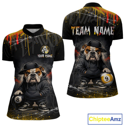Front and back views of a women's short-sleeve quarter-zip shirt with a custom bulldog graphic. The shirt features a black base with a cartoon bulldog wearing a black hoodie and hat, holding pool balls, with barbed wire and paint splatter details.