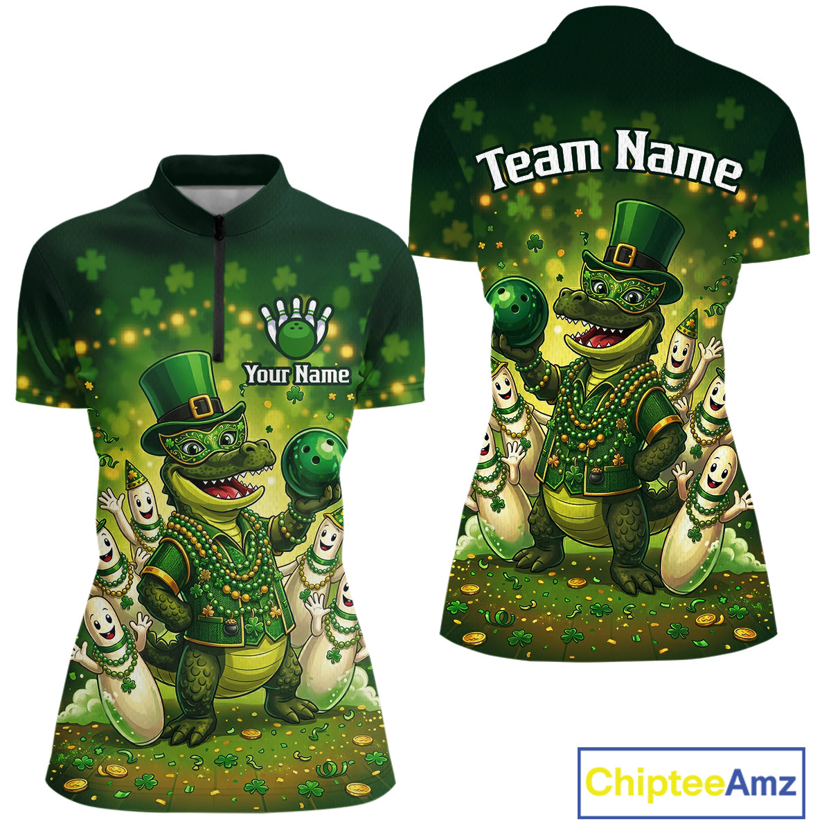 Custom Green Funny Alligator Bowling Shirt Samrock Pattern Bowling St. Patrick's Day for Women QZT935