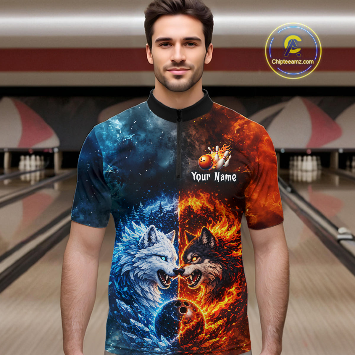 Fire and Ice Wolf Bowling Team Shirt Custom Bowling League Jersey for Men Bowling Polo & 1/4-Zip QZT937
