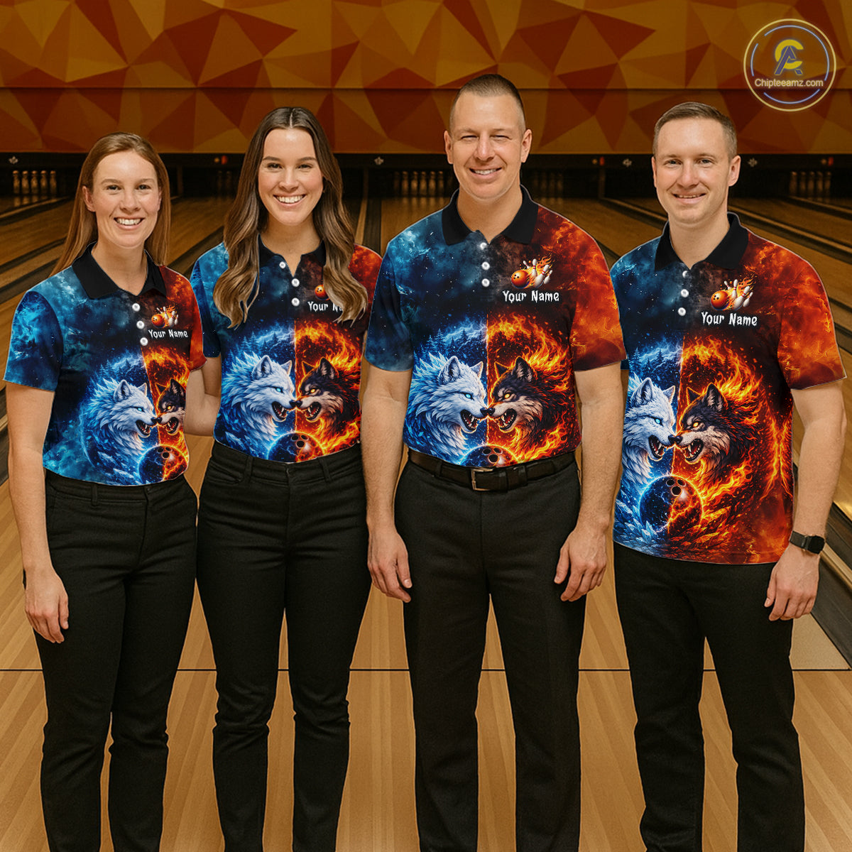 Fire and Ice Wolf Bowling Team Shirt Custom Bowling League Jersey for Women Bowling Polo & 1/4-Zip QZT937