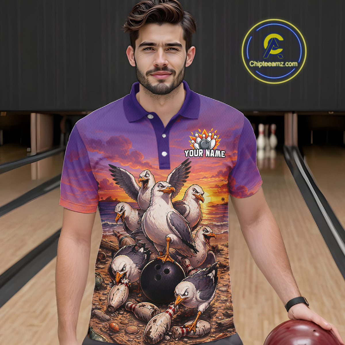 Custom Sunset Funny Gull Team Bowling Shirt for Men Bowling League Jersey Polo & Quarter-Zip QZT1017