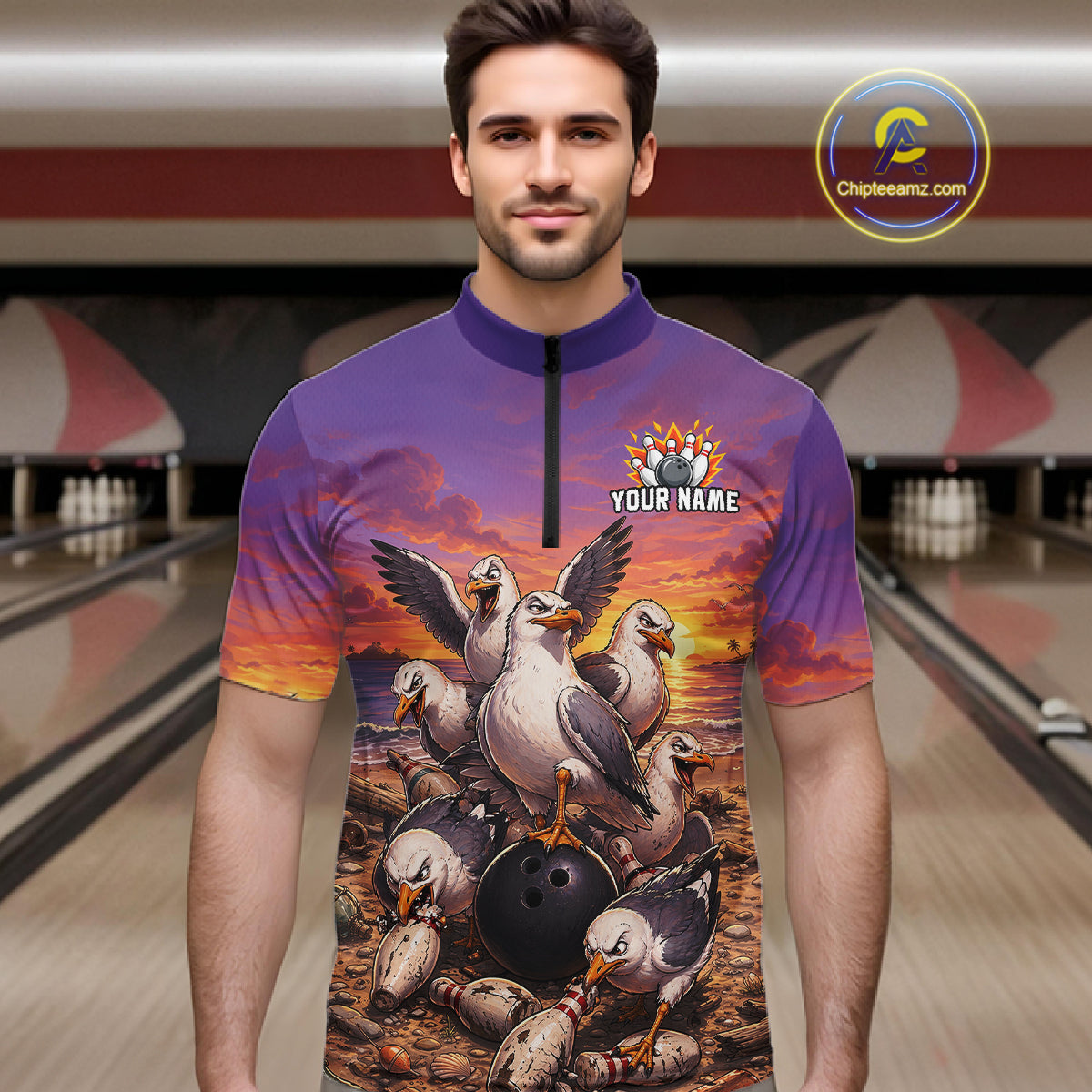 Custom Sunset Funny Gull Team Bowling Shirt for Men Bowling League Jersey Polo & Quarter-Zip QZT1017