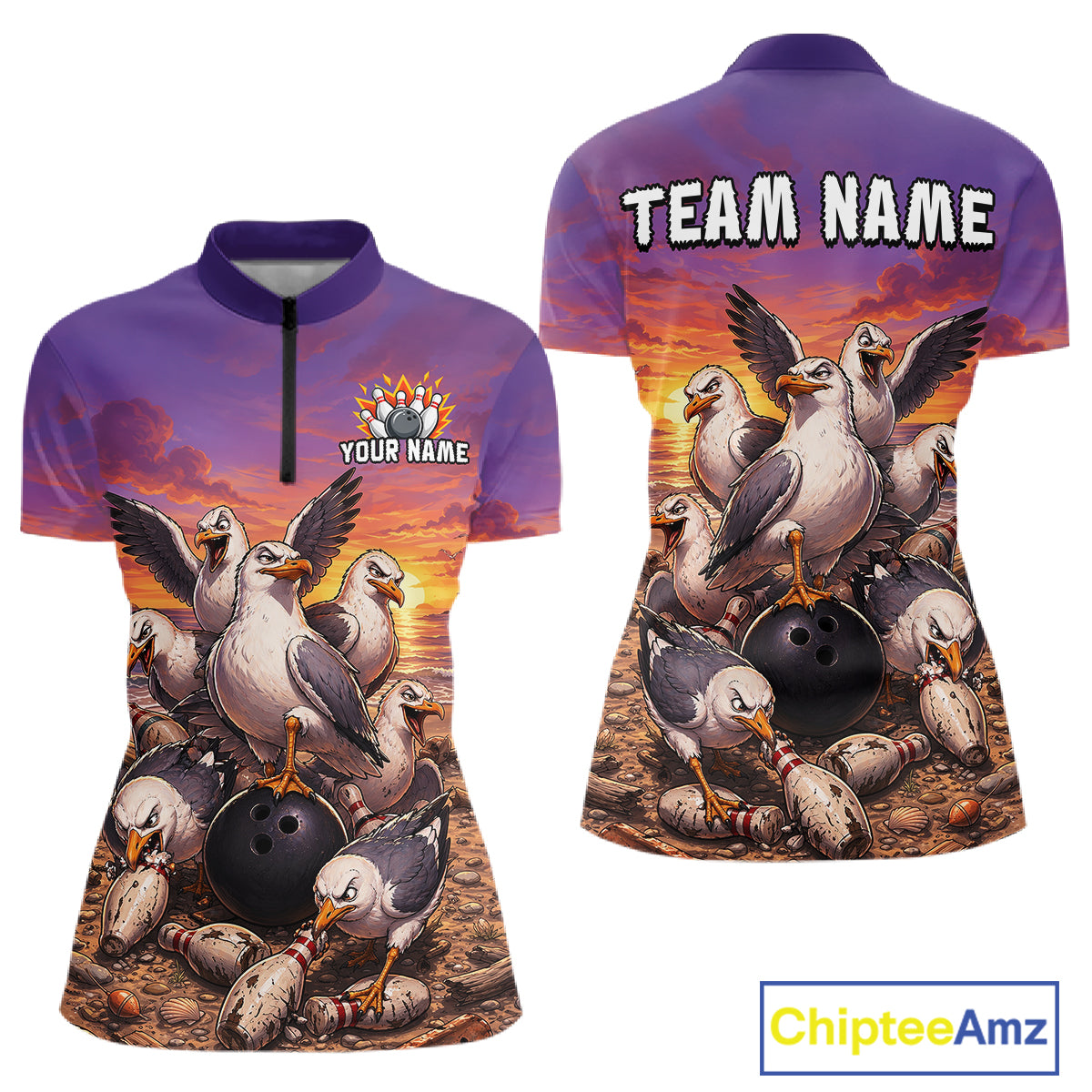 Custom Sunset Funny Gull Team Bowling Shirt for Women Bowling League Jersey Polo & Quarter-Zip QZT1017