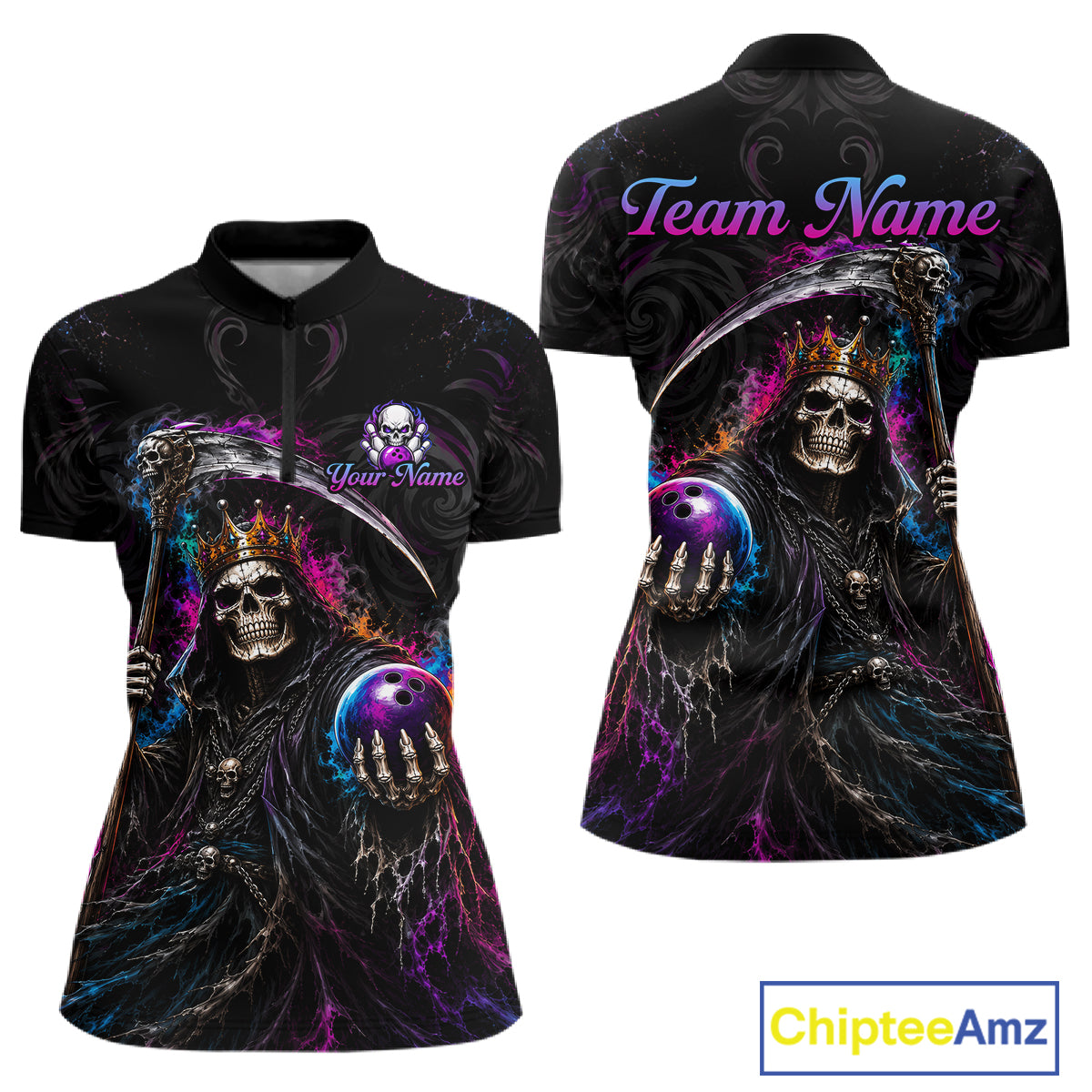 Front and back views of a black short-sleeve quarter-zip shirt featuring a vivid graphic of a crowned grim reaper holding bowling balls, with purple 'Team Name' text on the back and customizable text on the front. A ChipteeAmz logo appears in the bottom right corner.