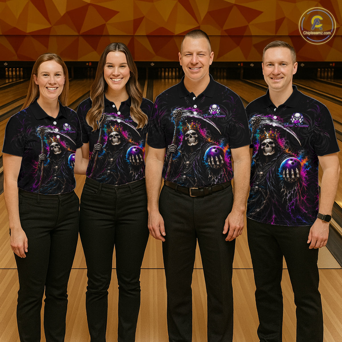 Four people standing in a bowling alley wearing matching black short-sleeve polo shirts with a dark gothic graphic featuring a skull, scythe, and purple bowling balls, paired with black pants.
