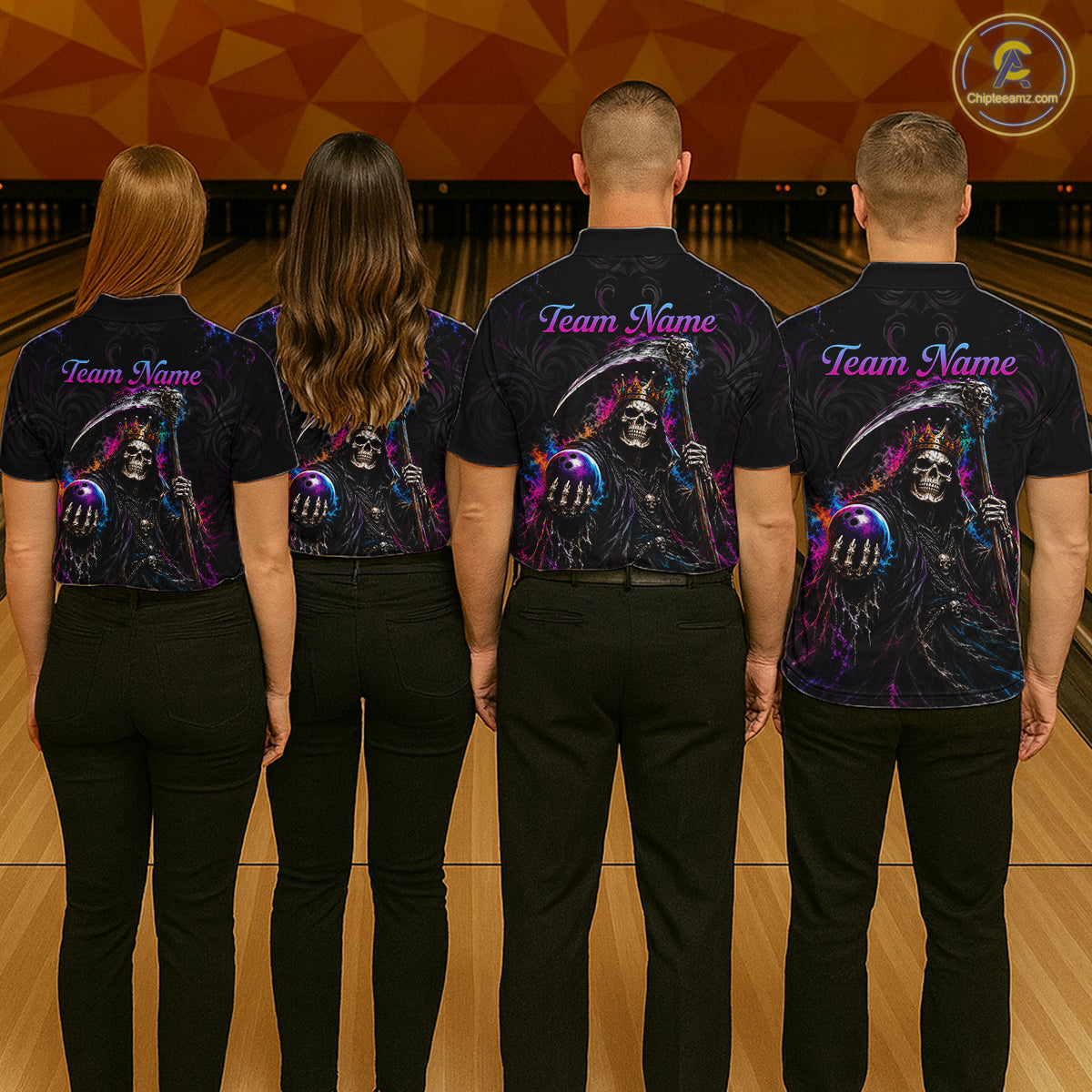 Four people standing with their backs to the camera in a bowling alley, wearing matching black short-sleeve shirts with a large grim reaper graphic and purple 'Team Name' text on the back.
