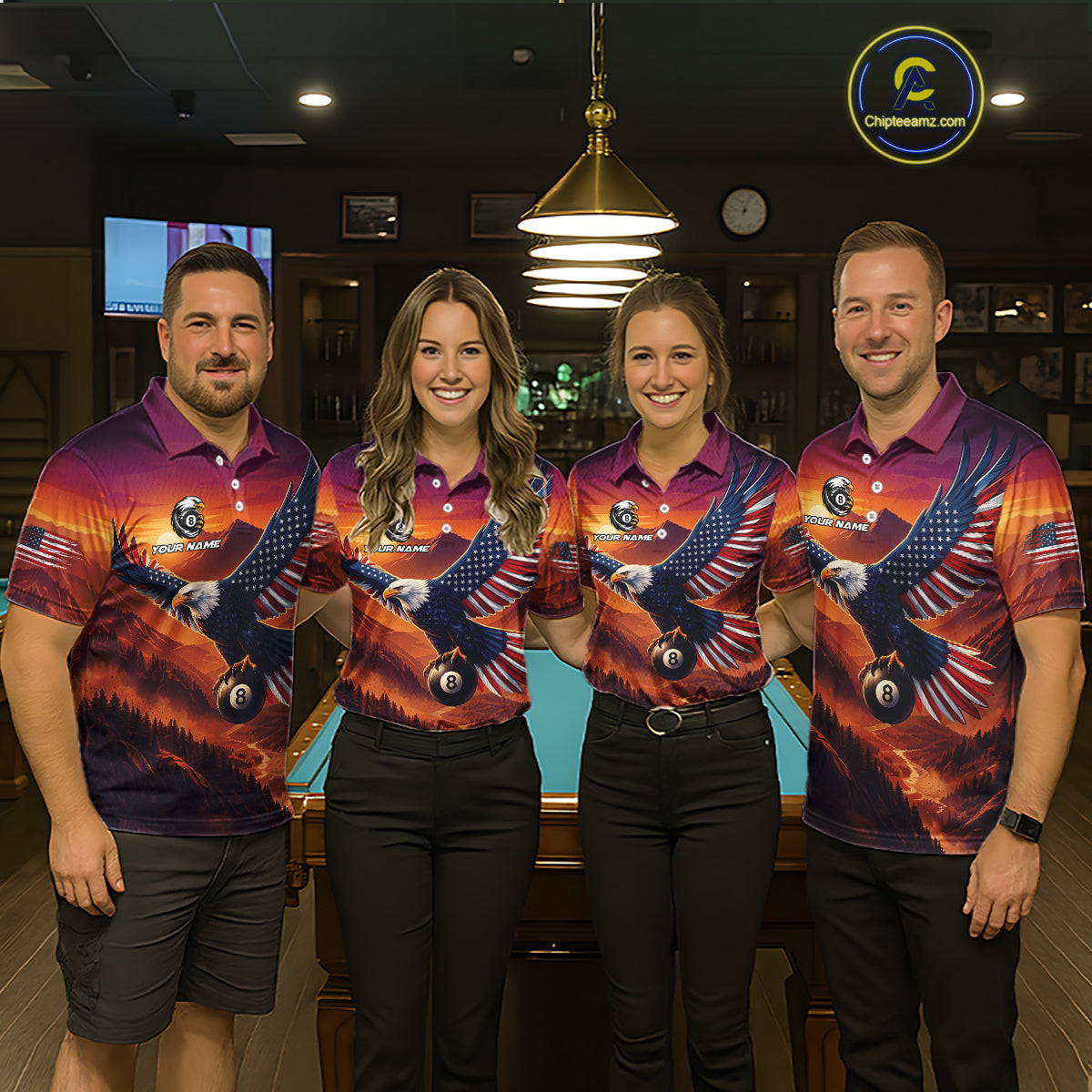 Four people wearing matching sunset eagle billiard shirts in a pool hall.