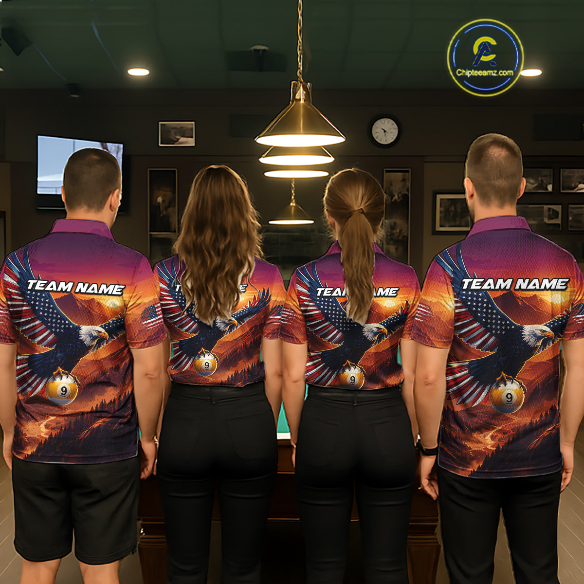 Four people wearing matching billiard shirts with team name and eagle design in a pool hall.