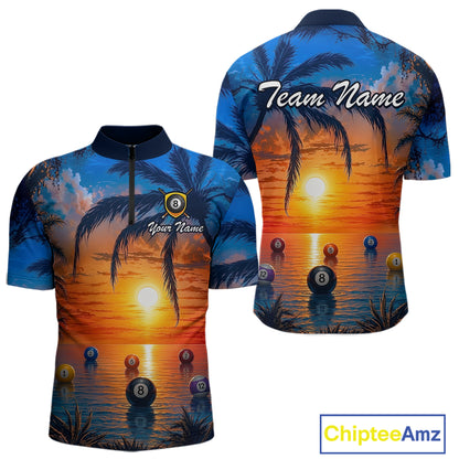 Two views of jerseys with a tropical sunset design featuring billiard balls and palm trees, branded 'Chiptee Amz'.